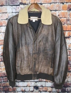 Calvin Klein Distressed Leather Aviator Bomber Jacket Sherpa Collar XL X-Large - Picture 1 of 6
