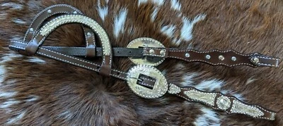Dark Oil Show Headstall - Bridle - Double Ear -Silver Berry Edge - Image 1 of 3