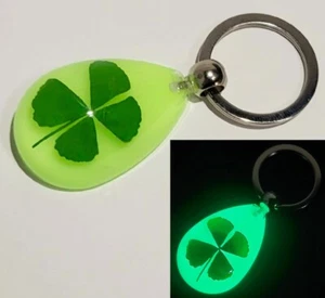 2.1" Real Four Leaf Clover Shamrock in Keychain Glow in Dark Tear Drop Shape - Picture 1 of 11