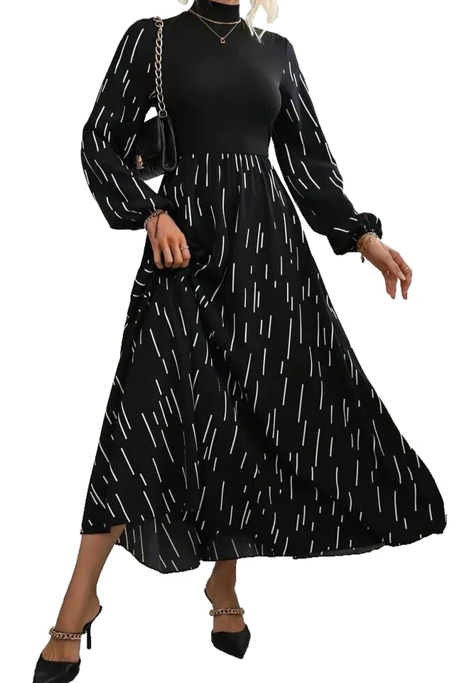 Полосатый печать насмешливый шеи платье, шикарный длинным рукавом высокая талия полный юбка новый без ЯРЛЫКОВ - Изображение 1 из 1