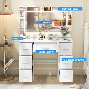 Vanity Desk Makeup Dressing Table Set w/ 7 Drawers Large Mirror and LED Lights - Picture 1 of 10