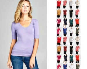 Women Basic V-NECK Elbow SHORT Sleeve T Shirt Top Cotton Stretch REG N PLUS S-3X - Picture 1 of 44