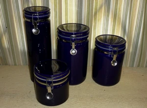 4  BEE HOUSE brand Canisters. COBALT BLUE pottery Stainless hardware. Four sizes - Picture 1 of 9