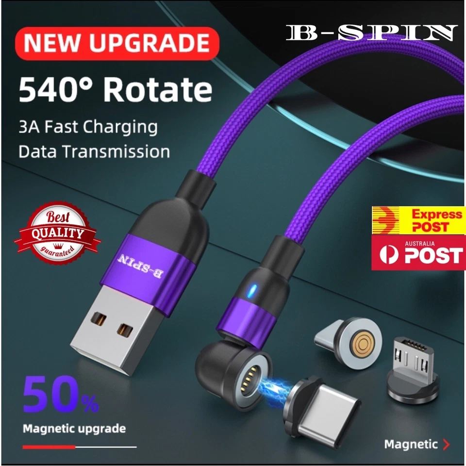 Magnetic Cable Phone Charging Charger Micro USB/Type-C/USB-C/iPhone Cord 3in1 2M - Image 1 of 4