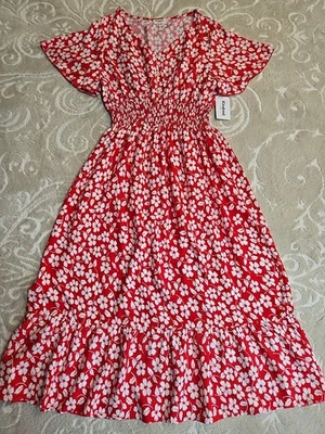 NWT Anthropologie Kindred Sz PXL Red White Floral Smacked Maxi Dress  - Image 1 of 4