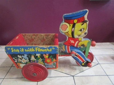Años 40 Gong Bell Mfg Company Dilo con Flores Carro Tirar Juguete Madera y Metal Foto 1 de 4