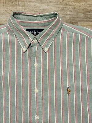 VINTAGE POLO RALPH LAUREN FADED VERTICAL STRIPED OXFORD SHIRT FLESH PONY LARGE - Image 1 of 4