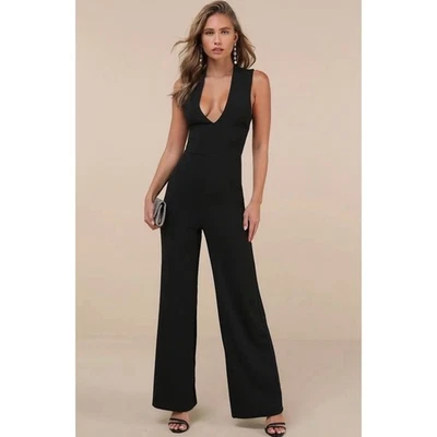 Lulus Womens Jumpsuit Size L Black Wide Leg Sleeveless Open Back Minimalist Chic - Image 1 of 4