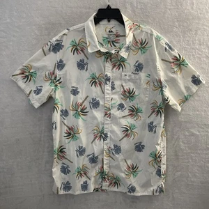 Quicksilver Mens Button Shirt White Geometric XL Cotton Short Sleeve Pocket - Picture 1 of 6