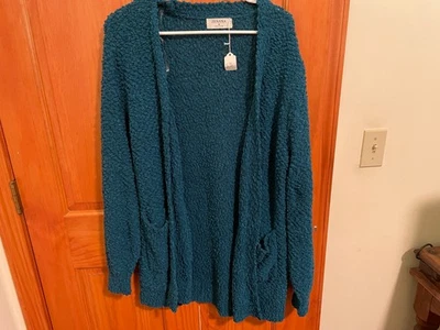 Cárdigan tejido Zenana Boucle frente abierto suéter con bolsillos azul verde azulado mediano Foto 1 de 4