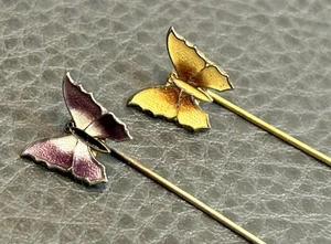 Lot 2 Vintage Butterfly Brooch Stick Pin Purple Yellow Enamel Guilloche Figural - Picture 1 of 7
