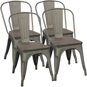 Metal Dining Chair with Wooden Seat Stackable Side Chairs Indoor-Outdoor 4pcs - Picture 1 of 12