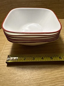 Corelle 6 Square Splendor Soup Cereal Bowls Red Rims On White Set Flaw - Picture 1 of 12