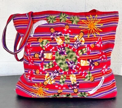 Bolso de Mano Guatamala Mexicano Bordado Folk 3 Bolsillos con Cremallera Forrado 17"x13.5" C2 Foto 1 de 4