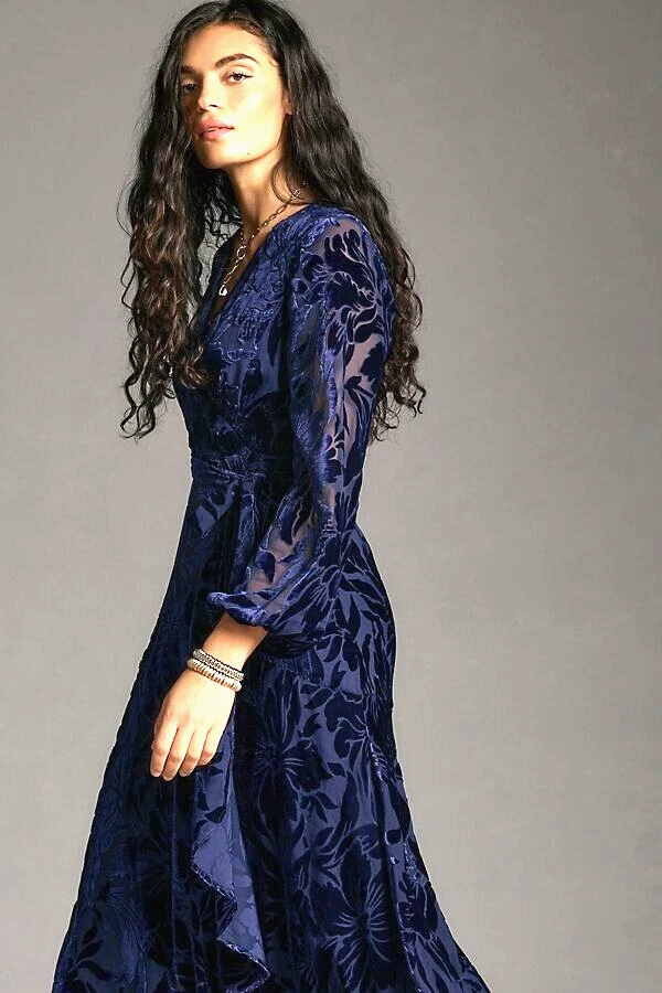 New Anthropologie Hutch Long-Sleeve Velvet Wrap Maxi Dress Burnout Navy MP NWT - Image 1 of 4