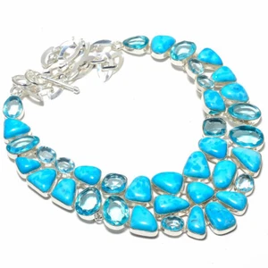 Turquoise Topaz Gemstone Silver Plated Statement Necklace Jewelry 18" - Picture 1 of 1
