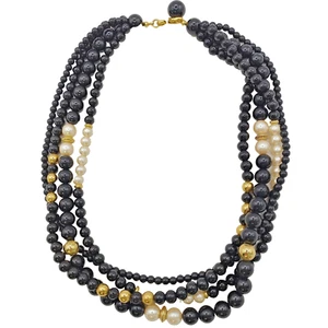 Gargantilla de cuatro hilos vintage Monet imitación perla negro dorado tono firmado - Imagen 1 de 23