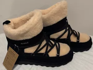 NEW Bearpaw Women's Anastasia Black Suede Cream Sheepskin Boots Size 10 - Picture 1 of 6
