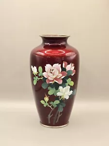 Japanese Ginbari Cloisonné Ando Sato Pigeon Blood Roses Vase 7 1/2" Collectible - Picture 1 of 10