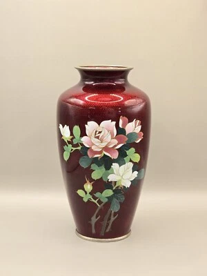 Jarrón japonés Ginbari Cloisonné Ando Sato paloma rosas sangre 7 1/2" coleccionable Foto 1 de 4