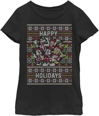 DISNEY Mickey Minnie Mouse Donald Girls Happy Holiday Black T-Shirt XL 14/16 NEW - Image 1 of 4