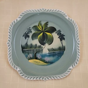 Placa de cerámica Harker de colección 8,5"" azul verde festoneada pintada a mano MCM - Imagen 1 de 6