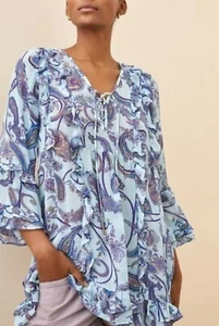 ANTHROPOLOGIE Breezy Sheer Tunic Blouse size S Blue Paisley Boho Ruffle Trim NWT - Picture 1 of 13