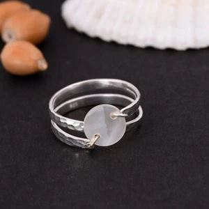 Dual Textured Band Ring in Sterling Silver With Mother Of Pearl For Mothers Gift - Picture 1 of 11