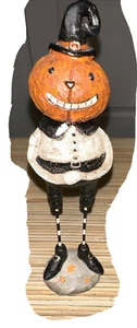 Halloween Standing Jack-O-Lantern Pumpkin Primitive 7.5" Folk Art Witch Hat - Picture 1 of 6