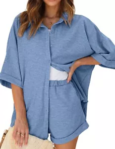 Waffle Knit Lounge Sets for Women Short Sleeve Pajamas Button Down Pjs Oversi... - Picture 1 of 5