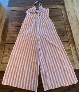 Y2K JUMPSUIT HALTER RED WHITE STRIPED CUTOUT Wide Leg Boho Babe RETRO PIXIE XS - Picture 1 of 16