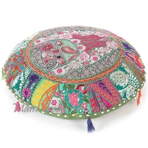 Green Round Patchwork Indian Floor Cushion Decorative Ethnic Cushion Cover Boho - Picture 1 of 7