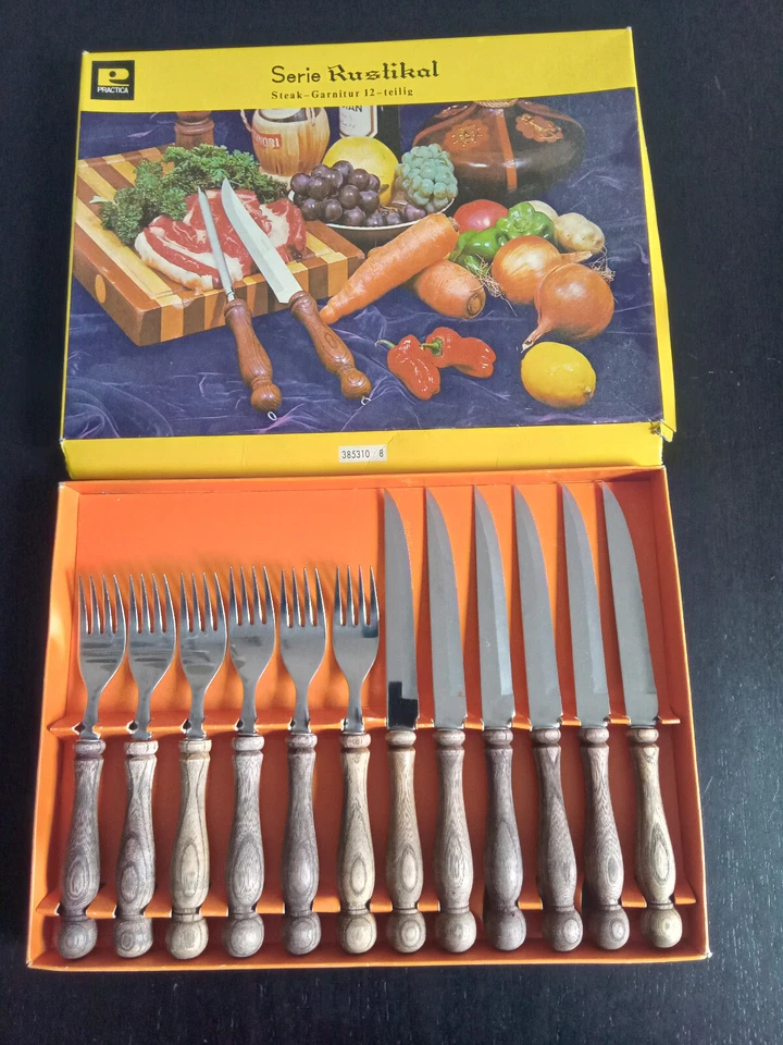 Steak Garnitur rustikal Pratica 12teilig echtes Holz Messer Gabel rostfrei Edel - Bild 1 von 1
