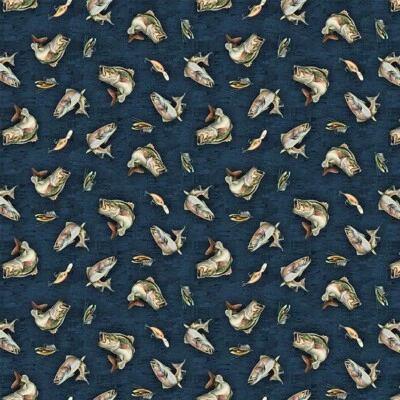 Tela de algodón Back Country Digital Fish Y3859-93 azul marino claro POR acolchado Foto 1 de 3