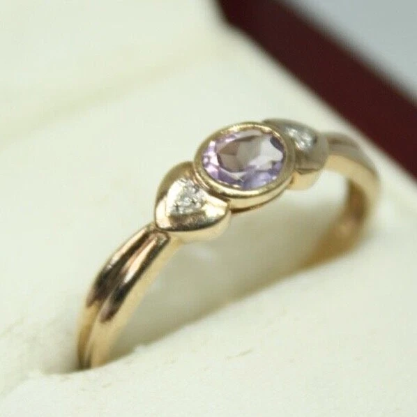 Anillo de amatista y diamantes 100 % genuino de oro amarillo macizo de 9k de 0,40 quilates. Talla 7,75, P Foto 1 de 4