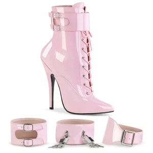 Baby Pink Lace Up Ballet Toe High Heels Ankle Cuff Lock Key Crossdresser Boots - Picture 1 of 4