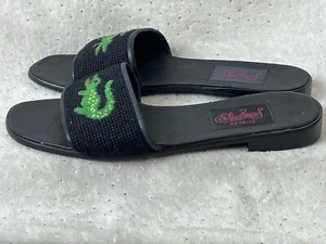 By Paige Needlepoint Peep Toe Slide Shoes Black Wool Green Crocodile Sz 9.5-10 L - Picture 1 of 13