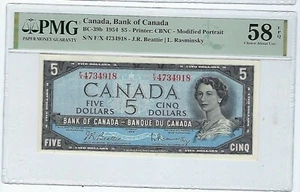 1954 Bank of Canada BC-39b $5 Bea/Ras  PMG AU-58 EPQ - Picture 1 of 2