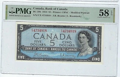 1954 Bank of Canada BC-39b $5 Bea/Ras  PMG AU-58 EPQ - Image 1 of 2