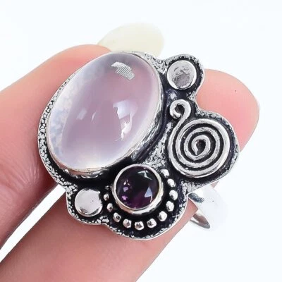 Rose Quarz, Amethyst Edelstein Handgemacht Silber Schmuck Ringgröße 8 RRJ16738 - Bild 1 von 4