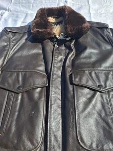 Golden Fleece Brown Leather Flight Jacket Size 44 Fake Fur Lining Collar - Picture 1 of 6
