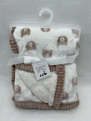 Duck Duck Goose Teddy Bear Face Baby Blanket Brown Trim White Sherpa Unisex NEW - Image 1 of 4