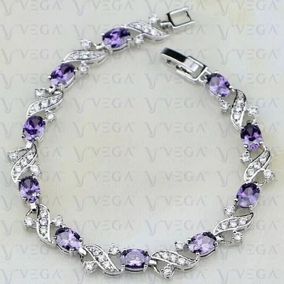 Brazalete de tenis de diamantes y amatista natural de corte ovalado de 6,00 quilates enchapado en oro blanco de 18 k Foto 1 de 4