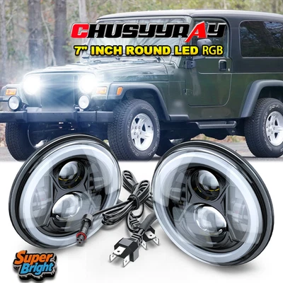 Pair 7" inch Round Led Headlights Hi/Low Beam for Jeep CJ3 1960-1964-1965 - Image 1 of 4