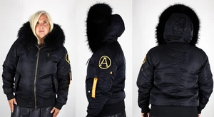 Hooded Arctic Army Black Bomber Jacket Fur Trim Size Medium 6 8 M - Picture 1 of 6