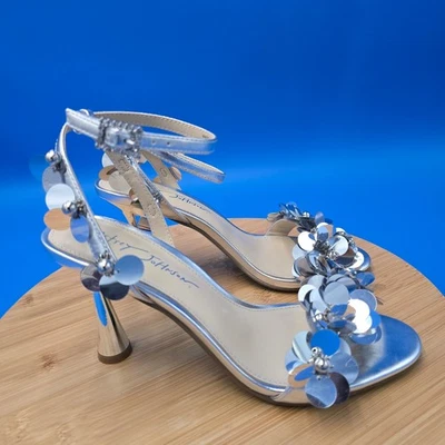 Betsey Johnson Arlo Silver Sequin Flower Ankle Strap Heels Women's Size 7.5M EUC - Image 1 of 4