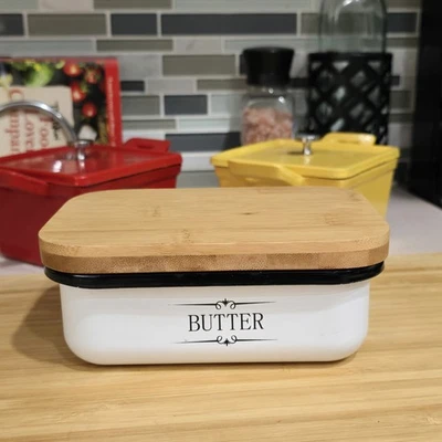 Butter Dish Enamel Container with Bamboo Lid Modern Farmhouse Kitchen Decor - Image 1 of 4