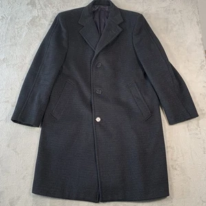 Crombie Coat Mens 42 Blue Wool Long Trench Scottish Tweed Check Meanson Heavy - Picture 1 of 14