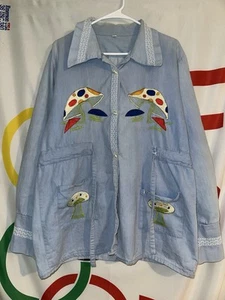 Vintage 60s 70s Embroidered Mexican Tourist Jacket Mushrooms Hippie Denim - Picture 1 of 18