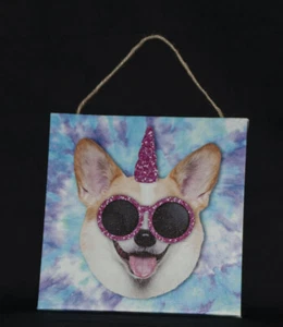 Dog Unicorn Dog with Sunglasses Tie Dye 8x8 Canvas Hanging Wall Art Print - Picture 1 of 3